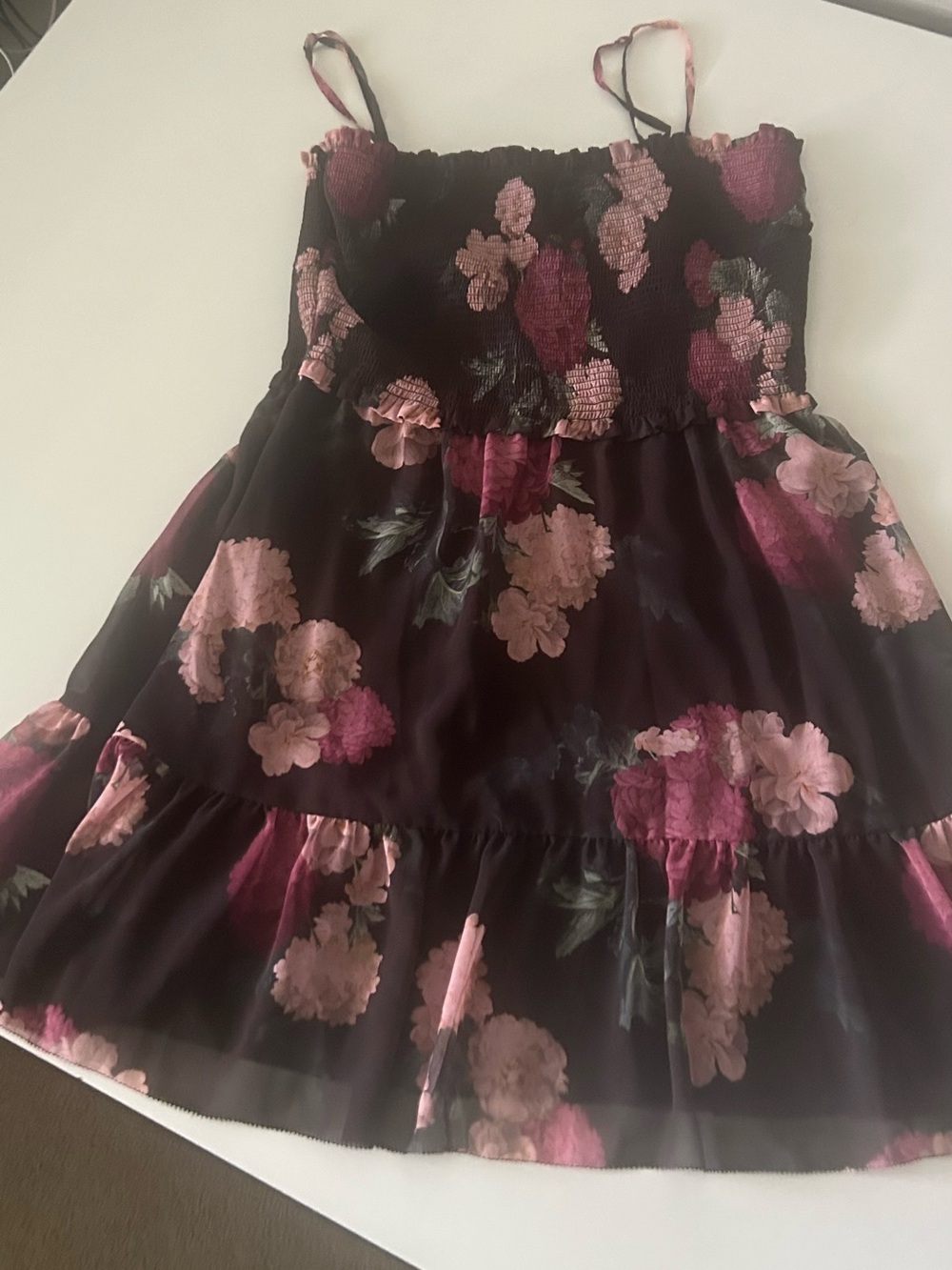 Aritzia Wilfred Floral Smocked Mauve and Pink flowers on brown Dress